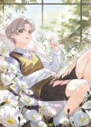 Rule 34 | 1boy, absurdres, aged down, blue sky, brown shorts, child, collared shirt, flower, highres, long sleeves, looking at viewer, open mouth, shirt, short hair, shorts, sitting, sky, socks, solo, tears of themis, vest, vyn richter (tears of themis), white flower, white hair, white shirt, white socks, xiaojiaju, yellow eyes, yellow vest