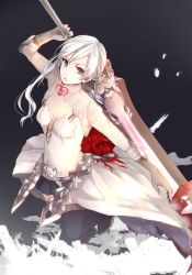 Rule 34 | 1girl, armor, armored dress, breasts, cleavage, eyelashes, flower, gloves, grey eyes, highres, holding, holding sword, holding weapon, huge weapon, pale skin, rose, silver hair, simple background, sinoalice, snow white (sinoalice), solo, sword, thighhighs, weapon