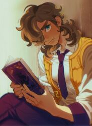 Rule 34 | 1boy, absurdres, arven (pokemon), book, brown hair, closed mouth, collared shirt, commentary request, creatures (company), eyelashes, game freak, green eyes, hair over one eye, highres, holding, holding book, long hair, looking at viewer, male focus, necktie, nintendo, pants, pokemon, pokemon sv, purple necktie, purple pants, shirt, sleeves past elbows, solo, thxzmgn, white shirt