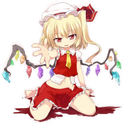 Rule 34 | 1girl, barefoot, beckoning, blonde hair, blood, child, female focus, flandre scarlet, foreshortening, full body, hat, highres, looking at viewer, mamo williams, one side up, open clothes, open skirt, outstretched arm, outstretched hand, red eyes, ribbon, short hair, side ponytail, simple background, sitting, skirt, solo, touhou, wariza, wings