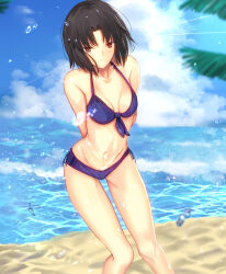 Rule 34 | 1girl, alternate costume, arms behind back, beach, bikini, black hair, blue bikini, blush, breasts, brown eyes, closed mouth, collarbone, commentary request, expressionless, hair intakes, highres, iro (sekaixiro), kara no kyoukai, looking at viewer, medium breasts, navel, outdoors, ryougi shiki, short hair, small breasts, solo, standing, swimsuit
