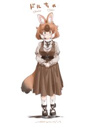 Rule 34 | 1girl, animal ears, blush, bow, bowtie, breasts, brown dress, brown eyes, brown hair, dhole (kemono friends), dog ears, dog girl, dog tail, dress, full body, highres, kemono friends, kemono friends 3, large breasts, looking at viewer, medium dress, multicolored hair, nyororiso (muyaa), short hair, simple background, socks, solo, standing, tail, two-tone hair, white background, white hair, white socks