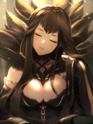 Rule 34 | 1girl, between breasts, black dress, breasts, brown hair, cleavage, closed eyes, commentary request, detached sleeves, dress, facing viewer, fate/apocrypha, fate/grand order, fate (series), fur trim, hand up, head tilt, koruta (nekoimo), large breasts, long hair, long sleeves, parted lips, pointy ears, semiramis (fate), sitting, solo, very long hair