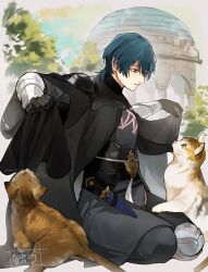 Rule 34 | 1boy, absurdres, animal, armor, black armor, black cape, black gloves, blue hair, byleth (fire emblem), byleth (male) (fire emblem), cape, cat, commentary request, doku gin1126, eye contact, fire emblem, fire emblem: three houses, gauntlets, gloves, hair between eyes, highres, knife, looking at another, male focus, nintendo, purple eyes, sheath, sheathed, short hair, sitting, sweatdrop, weapon
