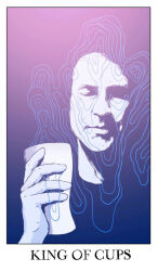 1boy analogous_colors blue_background border card_(medium) closed_eyes closed_mouth colored_skin cup english_text gradient_background holding holding_cup jessica_hayworth light_smile male_focus mature_male original portrait purple_background solo surreal tarot tarot_(medium) topographic_map white_border white_skin