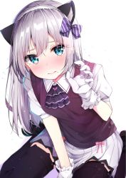 Rule 34 | 1girl, animal ears, between legs, black footwear, black thighhighs, blue eyes, blush, bow, cat ears, closed mouth, collared shirt, diagonal stripes, gloves, hair between eyes, hair bow, hand between legs, hand up, highres, long hair, mole, mole under mouth, nose blush, original, pleated skirt, puffy short sleeves, puffy sleeves, purple bow, rouka (akatyann), shirt, shoes, short sleeves, silver hair, sitting, skirt, solo, striped, striped bow, sweater vest, thighhighs, very long hair, wariza, white background, white gloves, white shirt, white skirt