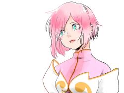 Rule 34 | 1girl, closed mouth, crying, crying with eyes open, estellise sidos heurassein, green eyes, looking to the side, mini (minimilk), pink hair, short hair, simple background, solo, tales of (series), tales of vesperia, tears, white background