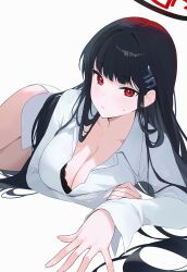 Rule 34 | 1girl, black bra, black hair, black halo, blue archive, bra, bra peek, breasts, cleavage, closed mouth, collarbone, collared shirt, commentary, hair ornament, hairclip, hairpin, halo, highres, large breasts, long hair, long sleeves, looking at viewer, lying, on stomach, red eyes, rio (blue archive), shirt, simple background, sketch, solo, soybean (hisoybean), underwear, white background, white shirt