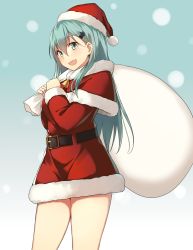 Rule 34 | 10s, 1girl, :d, alternate costume, bell, belt, blush, capelet, christmas, cowboy shot, dress, fur trim, gradient background, green eyes, green hair, hair ornament, hairclip, hat, highres, kantai collection, long hair, looking at viewer, matching hair/eyes, open mouth, over shoulder, red dress, sack, santa costume, santa hat, smile, snowing, solo, soukou makura, suzuya (kancolle)