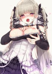 Rule 34 | 1girl, absurdres, akasaai, arm between breasts, azur lane, between breasts, blush, breasts, commentary request, detached sleeves, dress, formidable (azur lane), gothic lolita, grey background, hair ribbon, heart, heart-shaped pupils, heavy breathing, highres, large breasts, lolita fashion, long hair, looking at viewer, nipples, open mouth, red eyes, ribbon, simple background, solo, sweat, symbol-shaped pupils, twintails