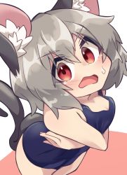 Rule 34 | 1girl, absurdres, alternate costume, animal ear fluff, animal ears, arms under breasts, blue one-piece swimsuit, blush, breasts, commentary request, cowboy shot, grey hair, highres, looking at viewer, mouse ears, mouse girl, mouse tail, nazrin, one-piece swimsuit, open mouth, pink background, red eyes, short hair, small breasts, solo, swimsuit, tail, touhou, two-tone background, white background, yayuyoyayuyo