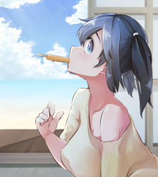 Rule 34 | 1girl, alternate costume, bare shoulders, blue eyes, blue hair, blue sky, breasts, day, food, food in mouth, from side, hair ribbon, kantai collection, large breasts, looking at viewer, popsicle, ribbon, shirt, sky, solo, souryuu (kancolle), taisho (gumiyuki), twintails, white shirt
