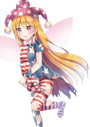 Rule 34 | 1girl, :t, american flag dress, american flag legwear, blonde hair, blush, clownpiece, dress, fairy wings, hat, highres, jester cap, long hair, looking at viewer, neck ruff, pantyhose, polka dot, pout, re-ka, red eyes, short dress, simple background, solo, star (symbol), star print, striped, torn clothes, torn dress, torn pantyhose, touhou, very long hair, white background, wings