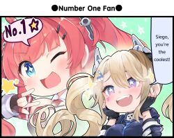 Rule 34 | 2girls, \m/, azur lane, black gloves, blonde hair, blue eyes, blush, breasts, chibi, commentary, detached sleeves, english commentary, english text, fingerless gloves, floating hair, gloves, guam (azur lane), hair between eyes, hair ornament, hairclip, hands on own cheeks, hands on own face, hands up, headgear, heart, highres, large breasts, long hair, long sleeves, looking at viewer, looking to the side, multiple girls, necktie, no nose, official art, one eye closed, open mouth, raised eyebrows, red hair, red necktie, san diego (azur lane), san diego (retrofit) (azur lane), satogo, shirt, sleeveless, sleeveless shirt, smile, sparkle, sparkling eyes, star-shaped pupils, star (symbol), starry background, symbol-shaped pupils, teeth, upper body, upper teeth only, v-shaped eyebrows