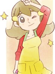 Rule 34 | 1girl, 5-volt, apron, arm up, brown eyes, brown hair, long hair, looking at viewer, nintendo, official art, one eye closed, red shirt, shirt, simple background, smile, star (symbol), takeuchi kou, third-party source, warioware, warioware: get it together!, yellow apron