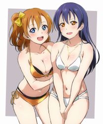 Rule 34 | 2girls, :d, bikini, bikini day, blue eyes, blue hair, blush, bow, breasts, cleavage, collarbone, commentary request, cowboy shot, front-tie bikini top, front-tie top, grey background, hair bow, halterneck, jewelry, kosaka honoka, looking at viewer, love live!, love live! school idol project, medium breasts, multiple girls, navel, necklace, one side up, open mouth, orange bikini, orange eyes, orange hair, revision, side-tie bikini bottom, simple background, smile, sonoda umi, swimsuit, turkey min, white bikini, yellow bow