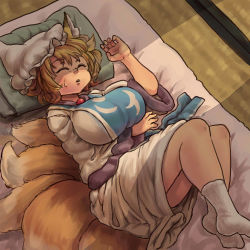 Rule 34 | 1girl, animal ears, animal hat, blonde hair, breasts, chanta (ayatakaoisii), closed eyes, commentary request, dress, fox ears, fox tail, full body, hat, large breasts, long sleeves, lying, mob cap, multiple tails, no shoes, open mouth, parted lips, pillow, shadow, short hair, sleeping, socks, solo, tabard, tail, touhou, white dress, white hat, white socks, wide sleeves, yakumo ran