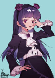Rule 34 | 1girl, absurdres, aqua background, arm ribbon, ascot, black dress, black hairband, black skirt, blunt bangs, bow, center frills, cowboy shot, dated, dress, flower, frilled sleeves, frills, gokou ruri, hair flower, hair ornament, hairband, hand on own hip, hand on own face, hand over eye, hand up, highres, linween, long hair, long sleeves, looking at viewer, multicolored clothes, multicolored dress, multicolored skirt, open mouth, ore no imouto ga konna ni kawaii wake ga nai, pink eyes, purple bow, purple dress, purple flower, purple hair, purple ribbon, purple skirt, ribbon, round teeth, shirt, sidelocks, signature, simple background, skirt, smile, solo, straight hair, teeth, upper teeth only, very long hair, white ascot, white shirt