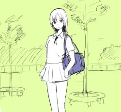Rule 34 | 1girl, bag, collared shirt, day, female focus, flat chest, green background, highres, long hair, looking at viewer, miniskirt, monochrome, neck ribbon, original, outdoors, pleated skirt, ribbon, sattou, school uniform, shirt, short sleeves, shoulder bag, sketch, skirt, solo, standing, tree