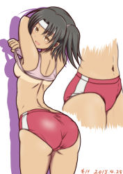 Rule 34 | 1girl, :d, arched back, armpits, arms up, ass, blush, breasts, brown eyes, buruma, clothes lift, cowboy shot, cropped legs, cropped torso, dated, from behind, headband, kantai collection, lifted by self, looking at viewer, looking back, lower body, medium breasts, moke ro, multiple views, nagara (kancolle), navel, open mouth, red buruma, ringed eyes, short hair, sideboob, simple background, smile, sports bra, sports bra lift, standing, stomach, tan, tanline, thighs, undressing, white background