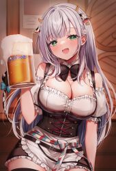 Rule 34 | 1girl, absurdres, alcohol, alternate costume, animal ears, apron, bare shoulders, barrel, beer, beer mug, belt, black belt, black bow, black skirt, blue ribbon, blush, bow, bowtie, breasts, buttons, cleavage, corset, cow ears, cow tail, cup, detached collar, detached sleeves, double-breasted, dress, fake animal ears, fake tail, frilled apron, frilled dress, frilled skirt, frills, green eyes, grey hair, highres, holding, holding cup, hololive, indoors, ineka ka, large breasts, long hair, looking at viewer, mug, official alternate costume, open mouth, ribbon, shirogane noel, shirogane noel (dirndl), short sleeves, sitting, skirt, smile, solo, tail, virtual youtuber, white apron, white dress