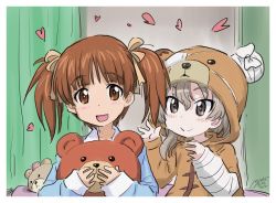 Rule 34 | 10s, 2girls, :d, alternate hairstyle, animal costume, animal hood, artist name, bandages, bear costume, bear hood, bedroom, blue shirt, boko (girls und panzer), brown eyes, brown hair, closed mouth, commentary, dated, girls und panzer, hair ribbon, heart, holding, holding stuffed toy, hood, indoors, light brown hair, long hair, long sleeves, looking at another, looking at viewer, multiple girls, nishizumi miho, nyororiso (muyaa), onesie, open mouth, pajamas, ribbon, shimada arisu, shirt, short hair, short twintails, signature, smile, stuffed animal, stuffed toy, twintails
