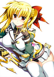 Rule 34 | &gt; &lt;, 1girl, absurdres, alternate hairstyle, asteion, bardiche (nanoha), bardiche (standby form) (nanoha), belt, biting, biting clothes, black leotard, blush, bow, braid, breasts, brown gloves, clenched hands, cosplay, creature, einhard stratos, einhard stratos (cosplay), fate testarossa, fingerless gloves, french braid, fujima takuya, fur, gloves, green jacket, grey jacket, grey skirt, grey thighhighs, hair between eyes, hair bow, highres, jacket, large breasts, leotard, looking at viewer, lying, lyrical nanoha, mahou shoujo lyrical nanoha vivid, multicolored clothes, multicolored jacket, official art, on side, overskirt, pleated skirt, red bow, red eyes, scan, simple background, skirt, smile, stuffed animal, stuffed lion, stuffed toy, thighhighs, twintails, white background