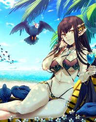 Rule 34 | 1girl, adjusting hair, alcohol, beach, beach chair, bikini, bird, black bikini, black bird, black hair, blue sky, breasts, cleavage, clip studio paint (medium), collarbone, cup, day, drinking glass, earrings, fate/grand order, fate (series), flower, hair ornament, highres, holding, holding cup, jewelry, kuroaki, large breasts, long hair, nail polish, necklace, palm tree, pointy ears, semiramis (fate), sky, slit pupils, solo, swimsuit, tree, very long hair, wine, yellow eyes