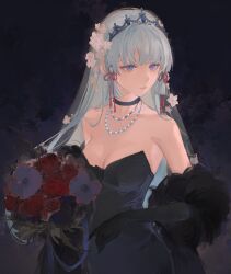 Rule 34 | 1girl, absurdres, alternate costume, ayaka (genshin impact), bare shoulders, black background, black choker, black dress, black gloves, blue eyes, blue hair, blunt ends, bouquet, breasts, chinese commentary, choker, cleavage, commentary request, cowboy shot, dress, elbow gloves, expressionless, floral background, flower, flower knot, fur-trimmed gloves, fur trim, genshin impact, gloves, gown, hair down, hair flower, hair ornament, highres, holding, holding bouquet, jewelry, long hair, mizukizhu, necklace, pearl necklace, red flower, red rose, rose, solo, strapless, strapless dress, tassel, tassel hair ornament, tiara