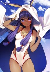 Rule 34 | 1girl, bad id, bad pixiv id, blush, breasts, competition swimsuit, dark-skinned female, dark skin, day, facial mark, fate/grand order, fate (series), gambe, highres, long hair, looking at viewer, nitocris (fate), nitocris (fate/grand order), nitocris (swimsuit assassin) (fate), nitocris (swimsuit assassin) (second ascension) (fate), one-piece swimsuit, purple eyes, purple hair, smile, solo, swimsuit, veil, watch, wristwatch