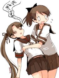 Rule 34 | 0 0, 10s, 2girls, @ @, ayanami (kancolle), brown hair, brown skirt, commentary request, fainting, flying sweatdrops, hair ribbon, holding, kanoe soushi, kantai collection, long hair, multiple girls, open mouth, ponytail, ribbon, school uniform, serafuku, shikinami (kancolle), short hair, side ponytail, simple background, skirt, sweat, sweatdrop, thighs, translated, twitter username, white background, wide oval eyes