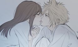 Rule 34 | 1boy, 1girl, blonde hair, blue eyes, blush, brown hair, closed eyes, cloud strife, commentary, couple, final fantasy, final fantasy vii, food, french kiss, from side, grey background, grey shirt, hand up, hetero, holding, holding food, kiss, long hair, maiii (smaii i), open mouth, popcorn, profile, shirt, short hair, simple background, symbol-only commentary, tifa lockhart, tongue, tongue out, upper body