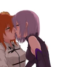 Rule 34 | 2girls, bare shoulders, blush, breasts, eye contact, fate/grand order, fate (series), fujimaru ritsuka (female), imminent kiss, large breasts, looking at another, mash kyrielight, multiple girls, noso (xxxnosoxxx), orange hair, purple hair, short hair, sideboob, white background, yuri