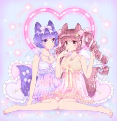 Rule 34 | 2girls, angel wings, animal ears, arrow through heart, barefoot, bat wings, bead necklace, beads, blue eyes, blue hair, bow, breasts, brown hair, cleavage, double bun, finger to mouth, fox ears, fox tail, frilled pillow, frills, hair ribbon, heart, heart-shaped pillow, hexagram, jewelry, multiple girls, naki ringo, necklace, nightgown, original, pendant, pillow, pink eyes, ribbon, short hair, sitting, star (symbol), star of david, tail, tareme, tsurime, twintails, vignetting, wariza, wings