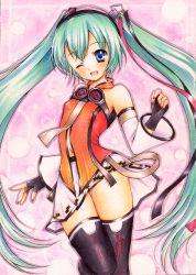 Rule 34 | 1girl, blue eyes, detached sleeves, fingerless gloves, freely tomorrow (vocaloid), gloves, green hair, hatsune miku, long hair, marker (medium), my (mylilla811), one eye closed, open mouth, pastel (medium), project diva (series), project diva f, skirt, solo, star voice (module), thighhighs, traditional media, twintails, very long hair, vocaloid, wink