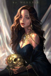 Rule 34 | 1girl, absurdres, artist name, blue eyes, breasts, bridal gauntlets, brown hair, chain, cleavage, dress, earrings, highres, holding, holding skull, jewelry, lips, long hair, monable, necklace, original, parted bangs, parted lips, sitting, skull, solo, sunlight, wavy hair