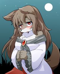 Rule 34 | 1girl, animal ears, blush, body fur, breasts, brooch, brown hair, collarbone, crying, crying with eyes open, d:, dress, fang, full moon, furrification, furry, furry female, imaizumi kagerou, jewelry, long hair, long sleeves, medium breasts, monster girl, moon, off-shoulder dress, off shoulder, open mouth, peku (science santa-san), red eyes, solo, tail, tears, touhou, very long hair, werewolf, wolf, wolf ears, wolf girl, wolf tail