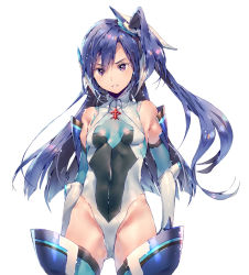 Rule 34 | 1girl, blue hair, breasts, commentary request, covered navel, cowboy shot, dsmile, elbow gloves, gloves, kazanari tsubasa, leotard, long hair, looking at viewer, one side up, purple eyes, senki zesshou symphogear, simple background, small breasts, solo, very long hair, white background