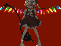 Rule 34 | 1girl, ascot, collar, crazy eyes, crystal, evil smile, female focus, flandre scarlet, frills, holding, holding weapon, looking at viewer, oekaki, pigeon-toed, polearm, puffy short sleeves, puffy sleeves, rainbow order, red background, red eyes, short sleeves, simple background, smile, socks, solo, spear, touhou, weapon, white socks, wings