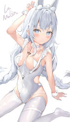 Rule 34 | 1girl, absurdres, ahoge, animal ear fluff, animal ears, azur lane, blue eyes, blue nails, blush, braid, breasts, character name, closed mouth, collarbone, commentary, english commentary, fake animal ears, hair between eyes, harune rane, highres, le malin (azur lane), le malin (listless lapin) (azur lane), leotard, light frown, long hair, looking at viewer, low twin braids, medium breasts, nail polish, official alternate costume, pantyhose, rabbit ears, silver hair, sitting, sleeveless, solo, thigh strap, twin braids, very long hair, wariza, white leotard, white pantyhose, wrist cuffs