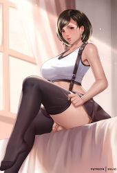 Rule 34 | 1girl, alternate hair length, alternate hairstyle, artist name, bed sheet, black skirt, black thighhighs, blush, breasts, brown hair, commentary, curtains, dangle earrings, earrings, english commentary, exlic, eyebrows, feet, final fantasy, final fantasy vii, final fantasy vii remake, flaccid, foreskin, from below, futanari, highres, indoors, jewelry, large breasts, looking at viewer, miniskirt, no panties, no shoes, parted bangs, parted lips, patreon username, penis, pink lips, red eyes, shirt, short hair, sitting, skirt, smile, solo, square enix, suspender skirt, suspenders, swept bangs, tank top, taut clothes, taut shirt, testicles, thighhighs, tifa lockhart, uncensored, white tank top