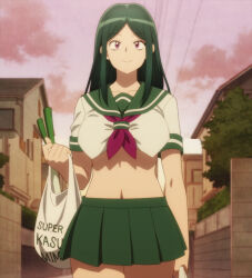 Rule 34 | 1girl, anime screenshot, breasts, demon girl, full body, green hair, green sailor collar, green skirt, highres, large breasts, long hair, looking at viewer, lv1 maou to one room yuusha, maou (lv1 maou to one room yuusha), midriff, navel, pink eyes, pleated skirt, sailor collar, school uniform, screencap, shirt, sidelocks, skirt, smile, socks, solo, stitched, stomach, thighs, third-party edit, undersized clothes, walking, white shirt, white socks, wrong size