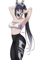 Rule 34 | 1girl, @ @, armpits, arms behind head, bandeau, blush, breasts, cleavage, collarbone, goddess of victory: nikke, gradient hair, grey hair, headgear, high-waist pants, high ponytail, highres, lazier, long hair, mask, medium breasts, mouth mask, multicolored hair, pants, purple eyes, purple hair, simple background, sin (nikke), solo, strapless, twitter username, white background, white headwear, yoga pants