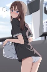 Rule 34 | 1girl, ass, black shirt, blue eyes, blush, brown hair, check copyright, commentary, copyright request, dolphin shorts, highres, holding clothes, holding shorts, kiona (giraffe kiona), long hair, looking at viewer, original, panties, pout, shirt, shorts, solo, standing, sweatdrop, symbol-only commentary, t-shirt, thighs, underwear, unworn shorts, white panties