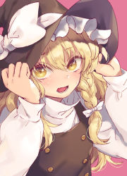 Rule 34 | 1girl, black hat, black vest, blonde hair, blush, bow, braid, commentary request, hair bow, hands on headwear, hands up, hat, hat bow, kirisame marisa, long hair, long sleeves, looking at viewer, open mouth, pink background, shirt, simple background, single braid, solo, tomobe kinuko, touhou, upper body, vest, white bow, white shirt, witch hat, yellow eyes