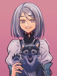 Rule 34 | 1girl, animal, dog, dress, final fantasy, final fantasy xvi, grey eyes, grey hair, highres, holding, holding animal, holding dog, jewelry, jill warrick, juliet sleeves, long sleeves, necklace, open mouth, puffy sleeves, puppy, seilidare, short hair, simple background, smile, solo, torgal (ff16), upper body, white background