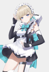 Rule 34 | 1girl, absurdres, akazaki yukino, apron, assault rifle, black dress, black gloves, blonde hair, blue archive, blue bow, blue bowtie, blue eyes, blue ribbon, blunt bangs, boots, bow, bowtie, braid, breasts, bullpup, bun cover, caseless firearm, chest harness, double v, dress, elbow gloves, fingerless gloves, frilled apron, frills, gloves, grey background, gun, h&amp;k g11, hair ribbon, harness, highres, holster, holstered, knee boots, looking at viewer, maid, maid headdress, medium breasts, microphone, prototype design, ribbon, rifle, short hair, simple background, solo, thigh holster, toki (blue archive), v, weapon, white apron