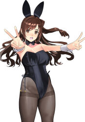 Rule 34 | 1girl, bare shoulders, black bow, black bowtie, black leotard, blush, bow, bowtie, breasts, brown eyes, brown hair, brown pantyhose, cameltoe, cleavage, collarbone, detached collar, double v, feet out of frame, foreshortening, hair intakes, idolmaster, idolmaster cinderella girls, large breasts, leotard, long hair, looking at viewer, mibu natsuki, open mouth, outstretched arms, pantyhose, playboy bunny, shimamura uzuki, simple background, solo, standing, strapless, strapless leotard, teeth, thighband pantyhose, upper teeth only, v, white background