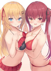 Rule 34 | 2girls, absurdres, akai haato, akai haato (hololive summer 2019), bare arms, bare shoulders, bikini, bikini skirt, black bikini, black ribbon, blonde hair, blue eyes, blush, breast press, breasts, cleavage, closed mouth, collarbone, commentary request, earrings, fang, frilled bikini, frills, from side, gradient background, hair between eyes, hair ornament, hair ribbon, hairclip, halterneck, heart, heart earrings, heart necklace, heterochromia, highres, holding hands, hololive, houshou marine, houshou marine (summer), jewelry, large breasts, long hair, looking at viewer, looking to the side, multiple girls, necklace, nekohuman221 (tsun221), open mouth, red bikini, red eyes, red hair, red ribbon, ribbon, simple background, skin fang, smile, standing, swimsuit, symmetrical docking, twintails, two side up, virtual youtuber, wet, x hair ornament, yellow eyes