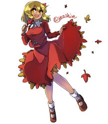 Rule 34 | 1girl, :d, aki shizuha, blonde hair, breasts, commentary, full body, hair ornament, highres, holding, holding leaf, leaf, leaf hair ornament, medium breasts, one-hour drawing challenge, open mouth, red footwear, red shirt, red skirt, renshirenji, shirt, short sleeves, simple background, skirt, smile, socks, solo, teeth, touhou, upper teeth only, white background, white socks, yellow eyes